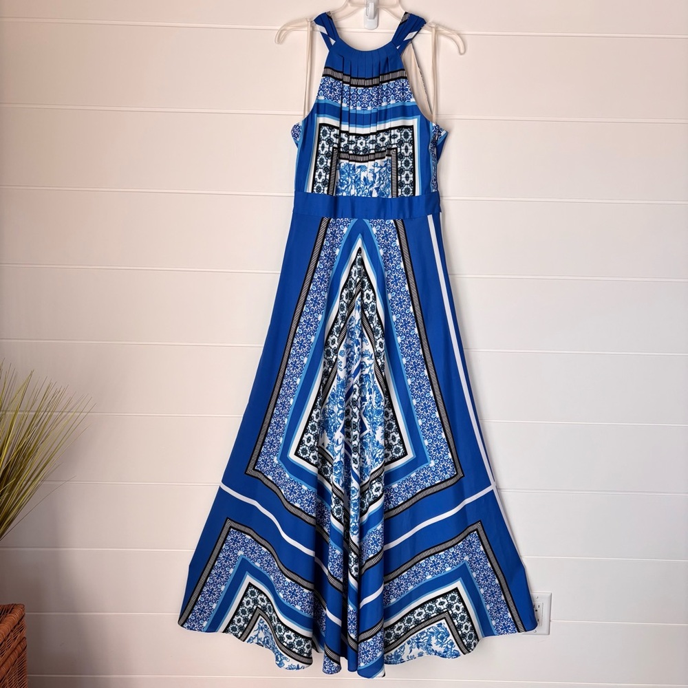 Eliza J Blue and White Scarf Halter Maxi Dress Size 10